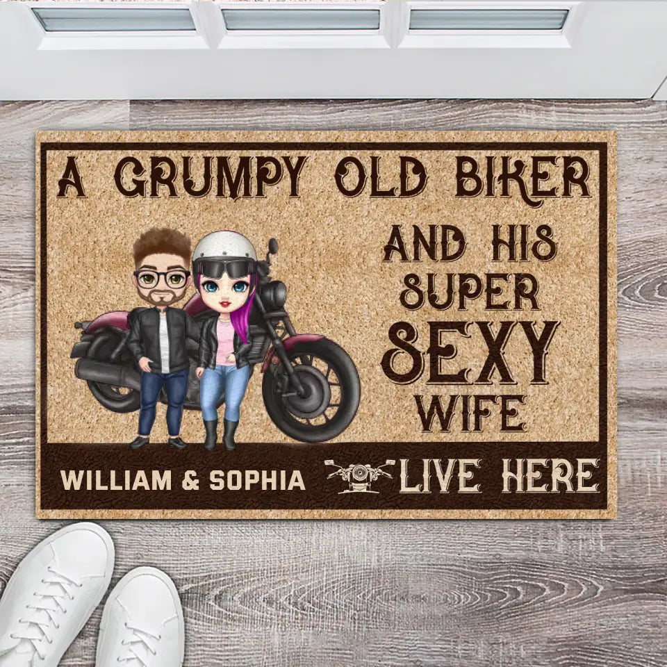 Personalized Couple Biker A Grumpy Old Biker And His Super Sexy Wife Live Here Doormat Printed KVH231161