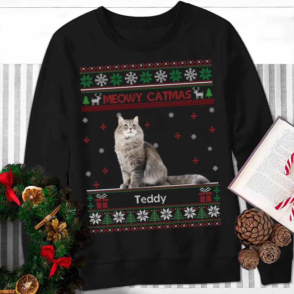 Personalized Upload Your Cat Photo Meowy Catmas Christmas Gift Sweatshirt Printed QTKH1200