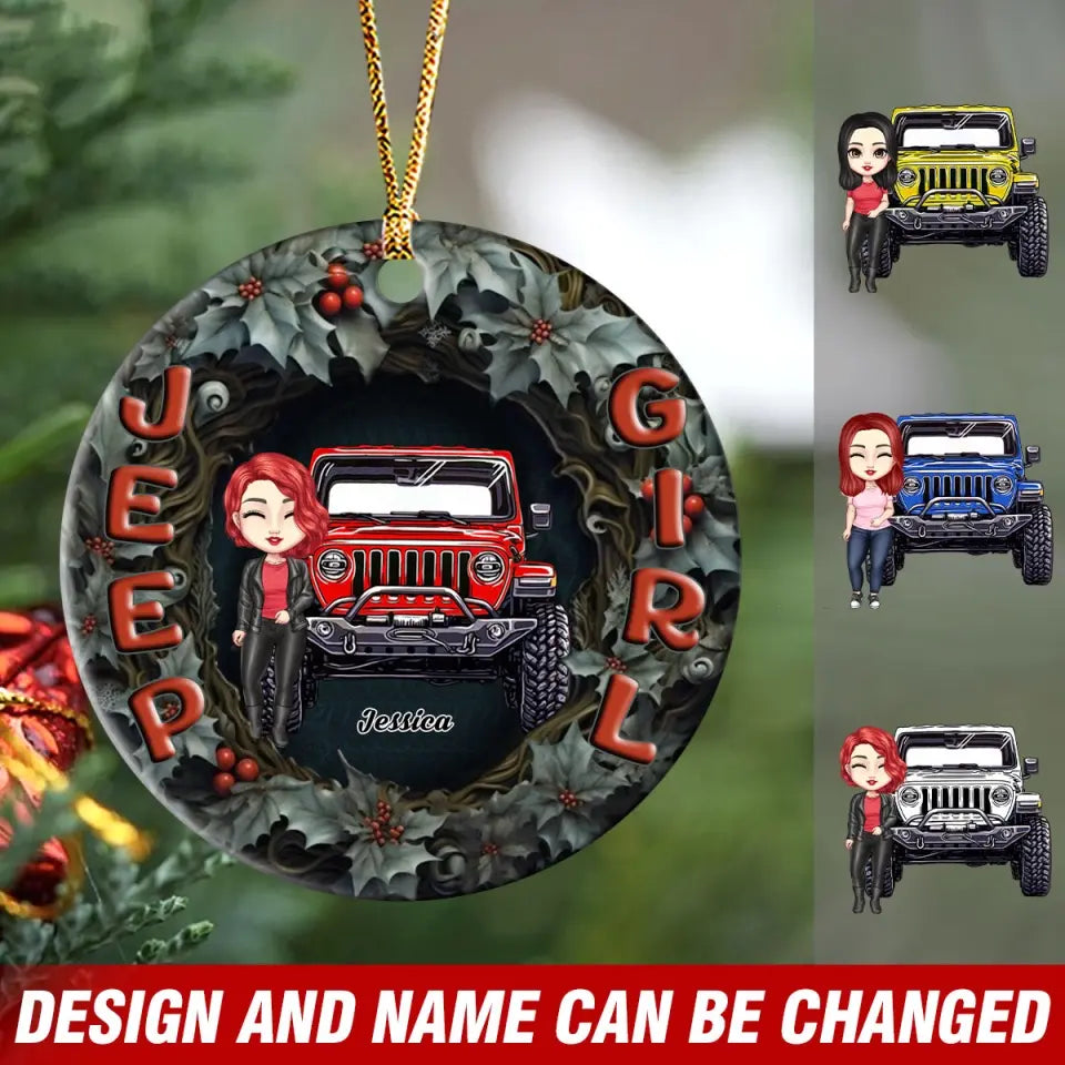 Personalized Jeep Girl Christmas Gift Ceramic or Acrylic Ornament Printed MTVQ231276