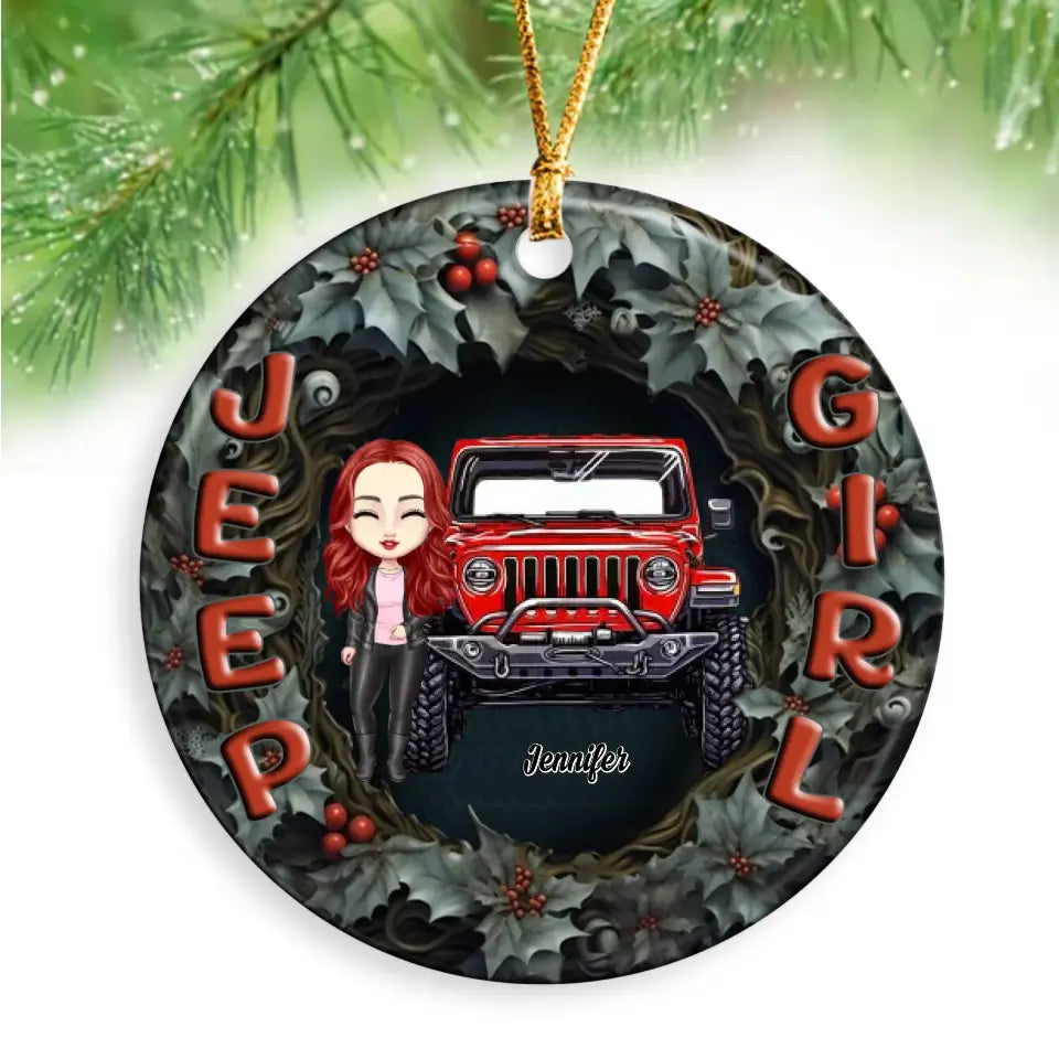 Personalized Jeep Girl Christmas Gift Ceramic or Acrylic Ornament Printed MTVQ231276