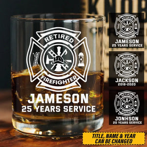 Personalized US Retired Firefighter Custom Name & Service Time Whiskey Glass Printed QTKVH231463