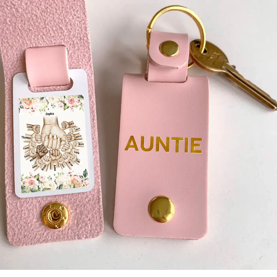 Personalized Auntie & Kid Names Floral Border Leather Keychain Printed HN24951