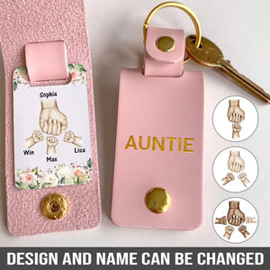 Personalized Auntie & Kid Names Floral Border Leather Keychain Printed HN24951