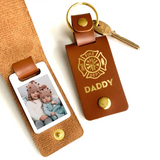 Personalized Upload Your Photo Firefighter Daddy Chirldren Image Leather Keychain Printed KVH241113