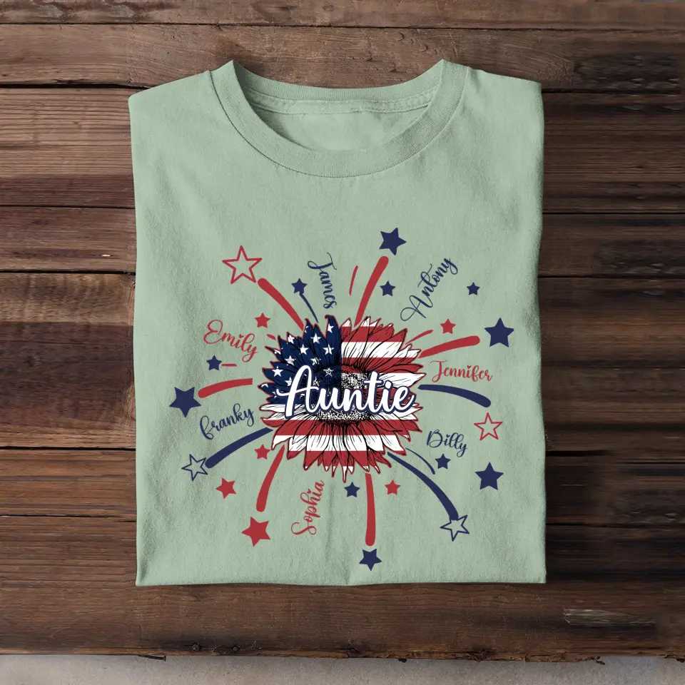 Personalized Auntie Sunflower US Flag & Kid Names Independence Day T-shirt Printed HN241346