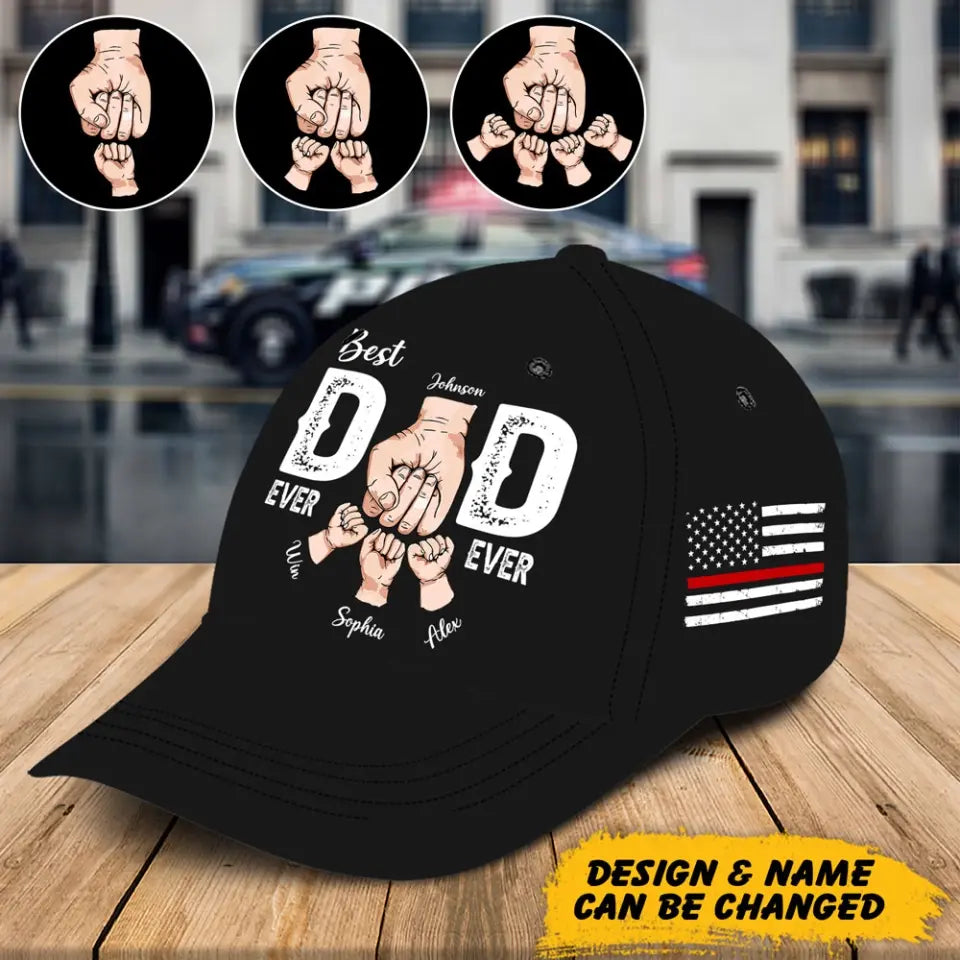 Personalized US Firefighter Father Best Dad Ever Dad Hands & Kid Names Gift For Him For Fathers Black Cap 2D Printed QTHN241465