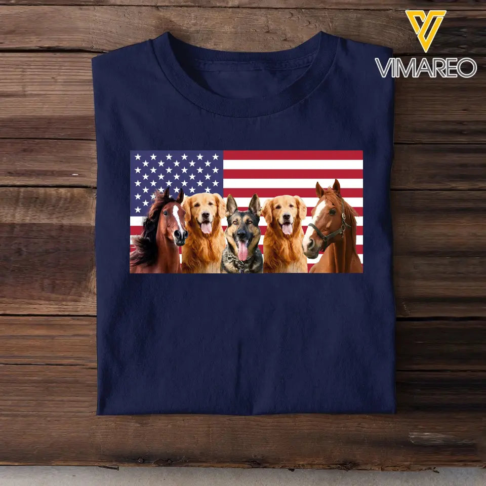 Personalized Upload Your Photo Horse & Dog US Flag Independence Day 4th July Gift T-shirt Printed HN241600