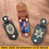Personalized Upload Your Photo Police Officer Flag Custom Name & Time Leather Keychain Printed QTKH241891