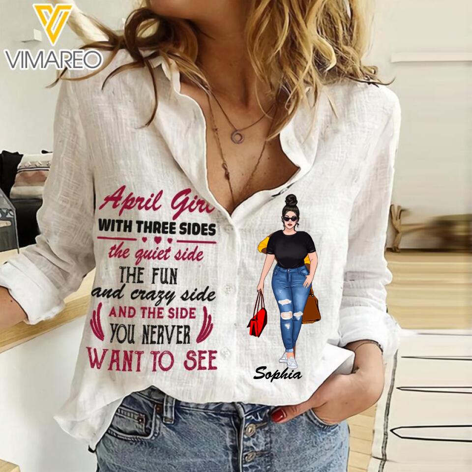 Personalized April Girl With Three Sides Women Linen Shirt QTTQ2403