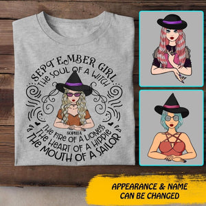Personalized September Girl The Soul Of A Witch The Fire Of Lioness The Heart Of Hippie Tshirt Printed QTDT1508