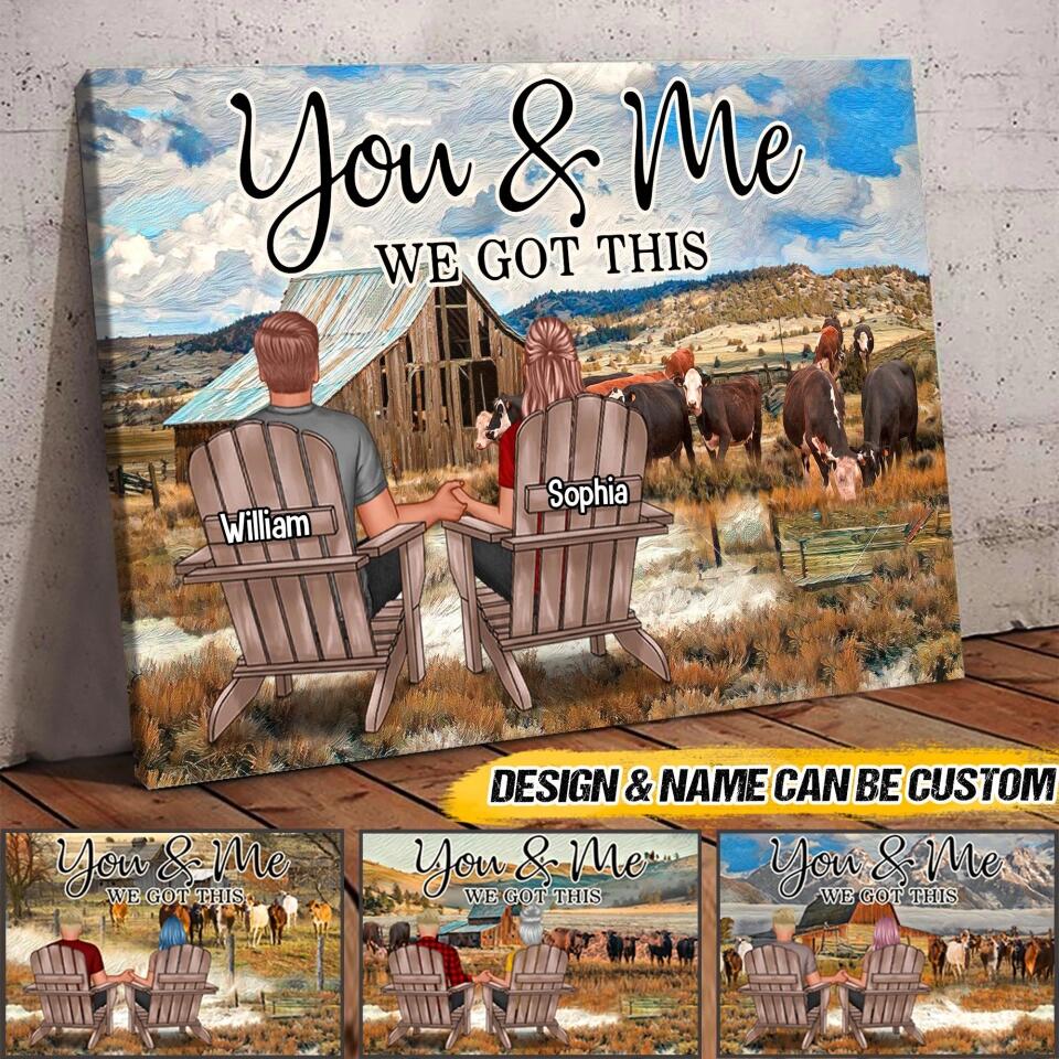 Personalized Back View Couple Sitting Farm Landscape And Cow You & Me We Got This Canvas Printed 22AUG-HQ31