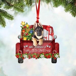 Personalized German Shepherd Red Truck Have Yourseld A Furry Little Christmas Ornament Printed QTDT0911