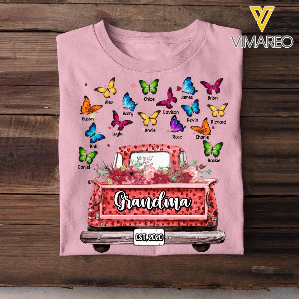 Personalized Grandma Kid Name Butterfly Truck Tshirt Printed PNDT1602