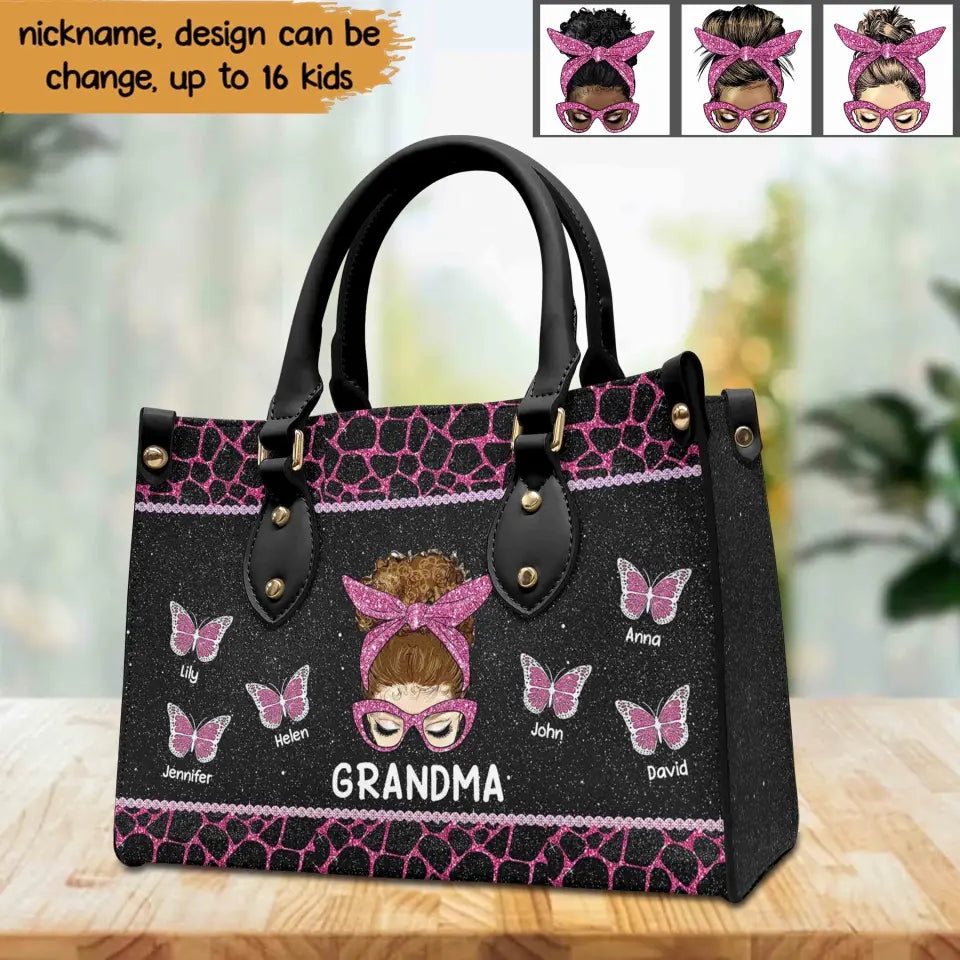 Personalized Butterflies Grandma with Kid Name Leather Bag Printed PNPN0405