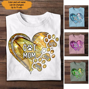 Personalized Cat Mom Heart with Paw Cat Name Cat Lovers Gift Tshirt Printed PNTB0905