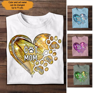 Personalized Cat Mom Heart with Paw Cat Name Cat Lovers Gift Tshirt Printed PNTB0905