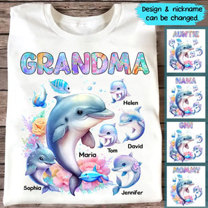 Personalized Grandma Dolphin with Kid Names Printed T-shirt MTPN0507