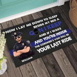 Personalized Now I Lay Me Down To Sleep Beside My Bed A Gun I Keep And If I Wake And You're Inside The Coroner's van Will Be Your Last Ride Police Doormat Printed PTN23187