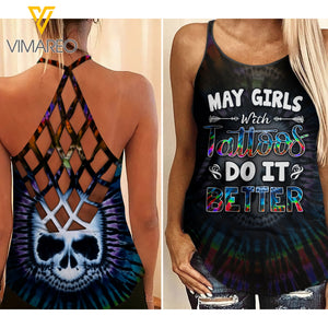 May Girl with Tattoos Criss-Cross Open Back Camisole Tank Top MAR-HQ14 Better