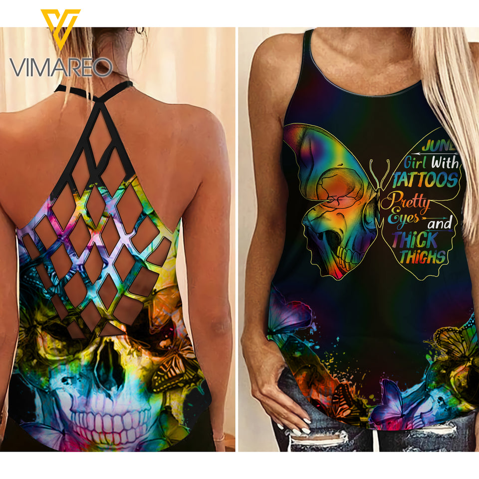 June Girl With Tatoos Pretty Eyes Criss-Cross Open Back Camisole Tank Top VMYY