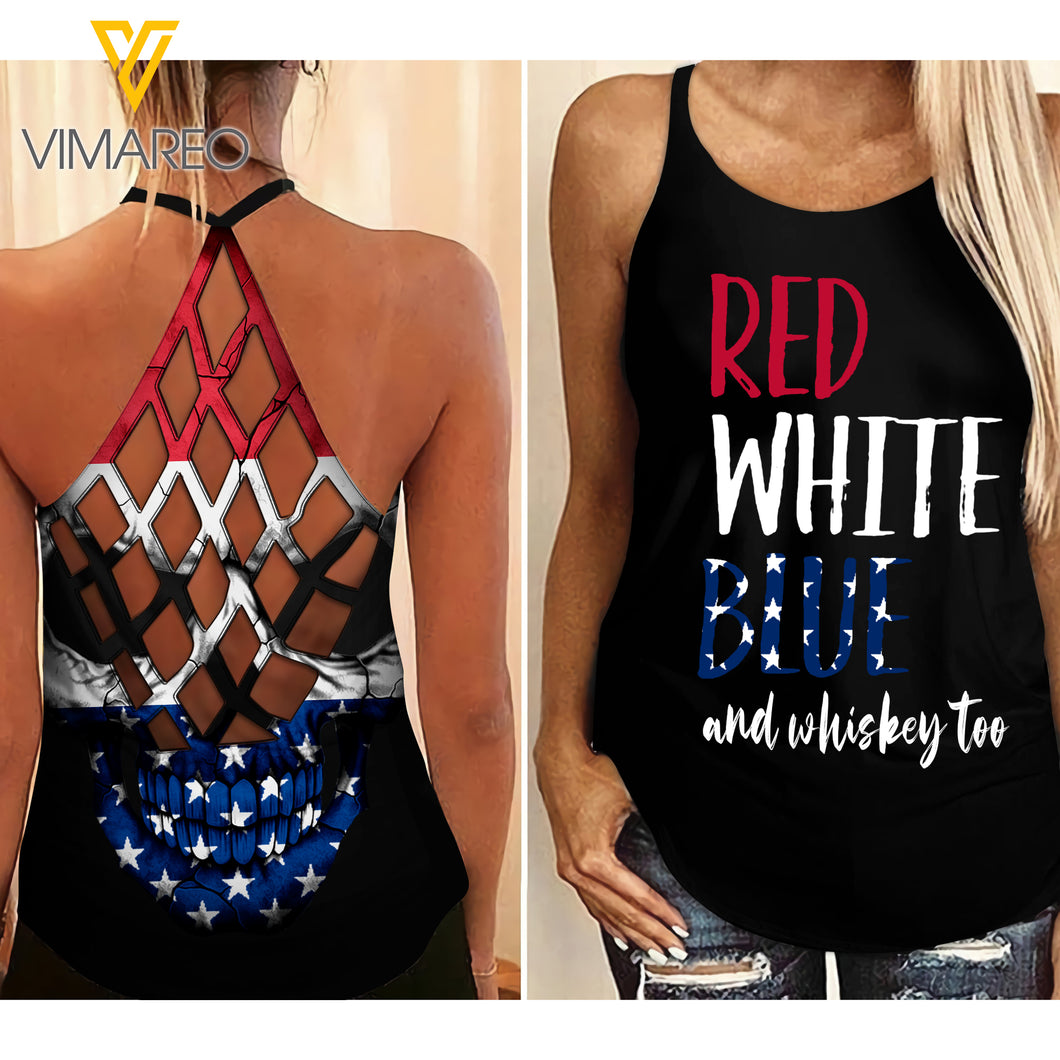 KHMD RED WHITE BLUE AND WHISKEY Girl Criss-Cross Tank Top