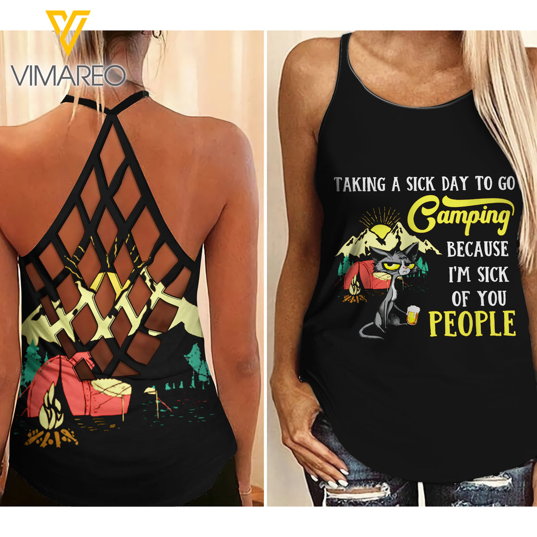 Camping Cat  Criss-Cross Open Back Camisole Tank Top